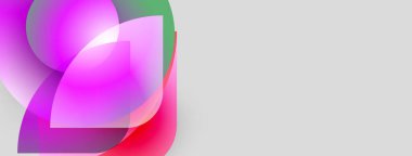 Soyut şekiller örtüşür, canlı renk karışımları yaratır. Pembe, yeşil, kırmızı renkler gri arkaplana hakim. Modern tasarım.