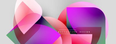 Soyut şekiller örtüşüyor, canlı gradyanlar yaratıyor. Pembe, mor, kırmızı renkler ince yeşil aksanlı tasarıma hakim. Modern, dinamik kompozisyon.