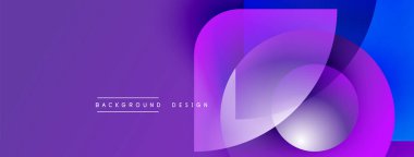 Soyut mor, mavi katmanlar dinamik arkaplan yaratır. Modern tasarım üst üste binen şekiller, gradyanlar, metin ögeleri.