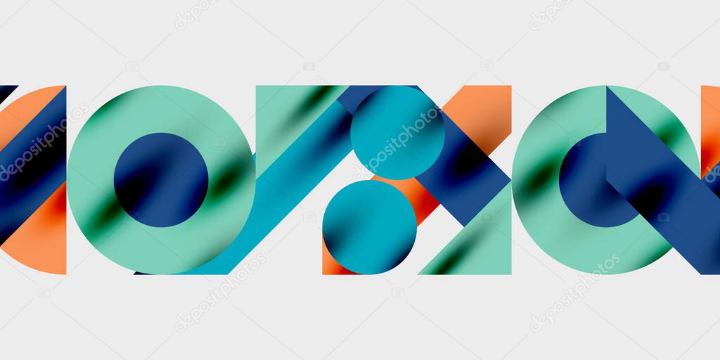 Abstract colorful shapes form letterforms. Overlapping elements create dynamic visual texture. Modern design, simple composition.