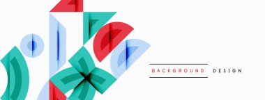 Soyut geometrik şekiller örtüşür, dinamik görsel kompozisyon yaratır. Teal, kırmızı, mavi renkler minimalist arka plan tasarımına hakim.