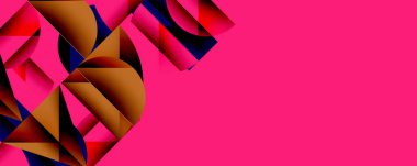 Soyut geometrik şekiller, canlı renkler kompozisyona hakim. Pembe arka plan, kahverengi ve mavi elementlerle çelişiyor. Modern tasarım.