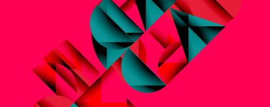 Soyut geometrik şekiller, canlı pembe arka plan, deniz mavisi aksanlar. Modern tasarım, keskin açılar, dinamik kompozisyon. Kalın renkler görsel ilgi yaratır.