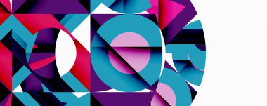 Soyut geometrik bileşim. Canlı renkler kesişiyor, dinamik şekiller yaratıyor. Keskin açılı, kıvrımlı, karşıtlıklı modern tasarım.