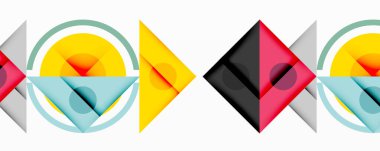 Geometrik şekiller örtüşür, renkli soyut kompozisyon oluşturur. Çemberler, üçgenler, oklar dizaynın hakimi. Minimalist tarz, modern estetik.