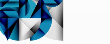 Soyut geometrik şekiller, maviler, beyazlar dinamik bileşim oluşturur. Modern tasarım, temiz çizgiler yenilik ve teknoloji öneriyor.