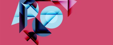 Soyut geometrik bileşim. Mavi şekiller örtüşüyor, canlı pembe arka plana karşı dinamik bir görsel ilgi yaratıyor. Modern tasarım, temiz çizgiler, katmanlı formlar cesur estetik sunar.