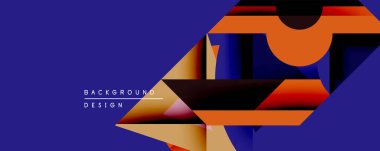 Soyut geometrik bileşim. Üst üste binen şekiller dinamik görsel efekt yaratır. Turuncu, mavi, siyah gradyanlar dizaynın hakimi. Modern estetik, uygun arkaplan ögesi.