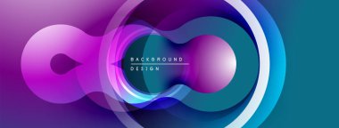 Soyut tasarım, üst üste binen daireler, canlı mor, mavi gradyanlar. Modern estetik, pürüzsüz geçişler dinamik görsel etki yaratır.