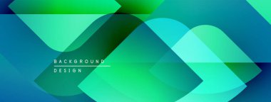 Soyut geometrik tasarım. Üst üste binen şekiller parlak mavi, yeşil eğimler yaratır. Modern estetik, arka planlar ve sunumlar için uygun..