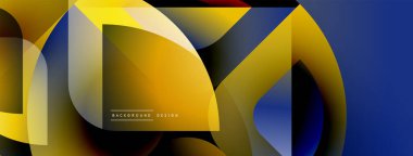 Soyut geometrik şekiller çakışıyor. Sarı, mavi, kırmızı gradyanlar dinamik bileşim oluşturur. Arka planlar için modern tasarım ögesi.