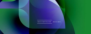 Soyut geometrik şekiller örtüşür, canlı gradyanlar yaratır. Mavi, yeşil, mor renkler tasarımda baskın. Modern estetik.