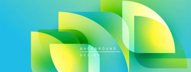 Soyut geometrik şekiller örtüşür, canlı gradyanlar yaratır. Mavi, yeşil, sarı renkler tasarımda baskın. Modern estetik.