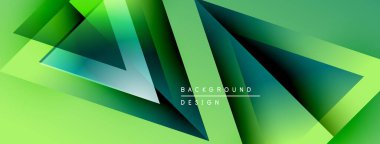 Soyut geometrik tasarım. Üst üste binen üçgenler dinamik yeşil gradyan etkisi yaratır. Çeşitli projeler için modern arkaplan.