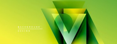 Soyut geometrik tasarım. Gradyan gölgeler katmanlı üçgen şekiller yaratır. Metin elementli modern arkaplan. Canlı yeşil, sarı renkler kompozisyona hakim..