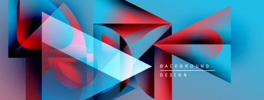 Soyut geometrik bileşim. Canlı maviler, dizaynın hakimi kırmızılar. Üst üste binen şekiller dinamik görsel efekt yaratır. Modern, şık arkaplan.