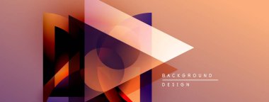 Soyut geometrik şekiller örtüşür, canlı gradyanlar yaratır. Turuncu, mor renkler tasarımda baskın. En küçük metin arkaplan ögesini gösterir.