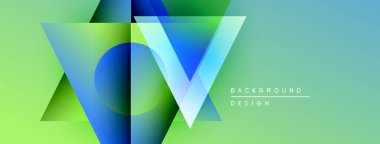Soyut geometrik şekiller örtüşür, parlak mavi, yeşil eğimler yaratır. Tasarım metin arkaplanı, tasarım içerir. Modern estetik.