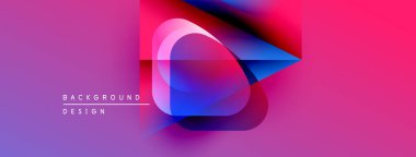 Soyut geometrik şekiller canlı pembeleri, mavileri, morları harmanlarlar. Modern tasarım dinamik enerji, akışkan hareket öneriyor. Arkaplan ögeleri derinlik yaratır.