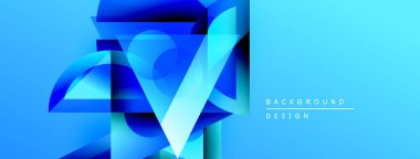 Soyut mavi tasarım katmanlı geometrik şekiller içerir. Gradyan etkisi derinlik yaratır, modern estetik. Arkaplan dijital sanat ve yenilik öneriyor.