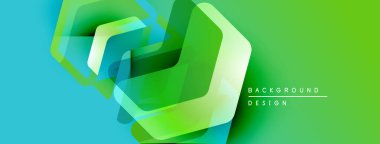 Soyut geometrik tasarım. Canlı yeşil, mavi gradyanlar katmanlı altıgen şekilleri oluşturur. Dijital projeler için modern arkaplan.