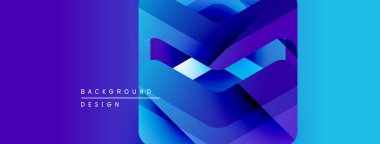 Soyut geometrik şekiller örtüşür, parlak mavi ve mor renkler yaratır. Metin arka plan tasarımı okur. Modern, dinamik görsel kompozisyon.