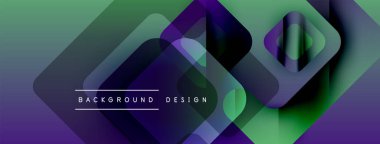 Soyut geometrik şekiller örtüşür, canlı gradyanlar yaratır. Mor, yeşil renkler tasarımda baskın, modern estetik. Metin arkaplan tasarımı okur.