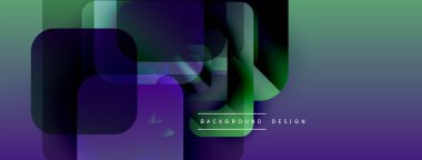 Soyut geometrik şekiller çakışıyor. Mor, yeşil renkler tasarımda baskın. Modern estetik, gradyan etkileri mevcut. Minimum metin arkaplan tasarımı okur.