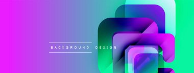 Canlı soyut şekiller örtüşür, dinamik gradyan arkaplan oluşturur. Mor, mavi, yeşil renkler kompozisyona hakim. Modern tasarım ögesi.