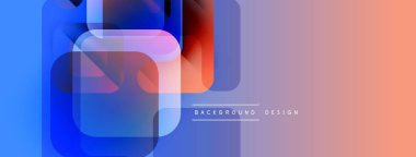 Soyut geometrik şekiller çakışıyor. Mavi, kırmızı, turuncu gradyanlar modern tasarım yaratır. Minimalist estetik, temiz çizgiler mevcut.