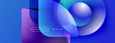 Soyut mavi tasarım, üst üste binen daireler, kareler. Renkler modern görsel efekt yaratır. Metin arkaplan tasarımı okur.