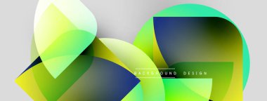 Soyut geometrik şekiller örtüşür, canlı gradyanlar yaratır. Sarılar, yeşiller, maviler tasarıma hakim, açık gri arkaplana karşı. Modern estetik.