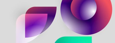 Soyut şekiller örtüşüyor, canlı gradyanlar yaratıyor. Mor, deniz mavisi, kırmızı renkler nötr arkaplana hakim. Modern tasarım elemanları.