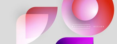 Soyut şekiller örtüşüyor, canlı gradyanlar yaratıyor. Yumuşak pembeler, morlar, kırmızılar açık gri arka plana hakim. Modern tasarım ögesi.
