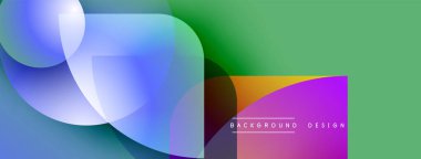 Soyut sıvı şekilleri örtüşür ve canlı renk değişimleri yaratır. Modern tasarım elementleri enerji, hareket, yenilik önerir. Arkaplanda deniz mavisi ve mor renkler var.