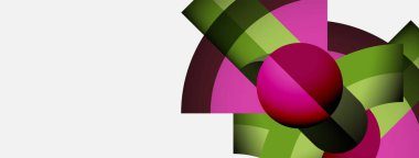 Soyut kompozisyon, üst üste binen şekiller, canlı yeşiller, pembeler, bordo renkleri. Küre merkezi alana hükmediyor, dinamik görsel etki yaratıyor.