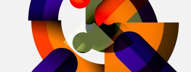 Üst üste binen renkli şekiller içeren soyut bir kompozisyon. Eğriler, üçgenler, dikdörtgenler dinamik görsel etkileşim yaratır. Parlak renkler beyaz arkaplana hakim.