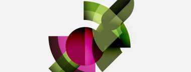 Üst üste binen renkli şekiller içeren soyut bir kompozisyon. Yeşiller, kırmızılar, pembeler dinamik görsel ilgi yaratır. Minimalist tasarım, modern estetik.