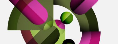 Üst üste binen kıvrımlı şekiller içeren soyut bileşim. Pembe, yeşil, mor renkler beyaz arkaplana hakim. Modern tasarım, geometrik biçimler mevcut.