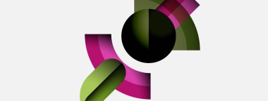 Soyut şekiller örtüşür, dinamik bileşim yaratır. Renkler arasında yeşil, mor, siyah, beyaz var. Minimalist tasarım modern estetiği çağrıştırıyor.