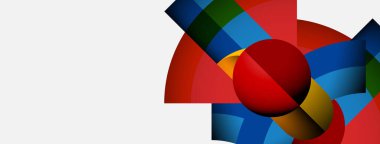 Soyut geometrik bileşim. Renkli kavisler, daireler kesişir ve dinamik görsel efekt yaratır. Beyaz alan resme hakim.