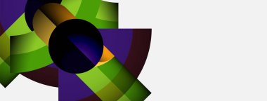 Soyut tasarım canlı üst üste binen şekiller, koyu merkez, parlak yeşiller, mor renkler içerir. Modern estetik, temiz arkaplan.