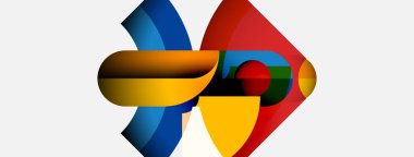 Soyut şekiller örtüşür, dinamik bileşim yaratır. Parlak renkler baskın, hareket, enerji, modern tasarım. Yumuşak gradyanlar görsel ilgiyi artırır.