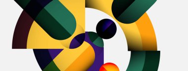 Üst üste binen renkli şekiller içeren soyut bir kompozisyon. Daireler, kıvrımlar, üçgenler dinamik görsel etkileşim yaratır. Modern tasarım, canlı renkler.