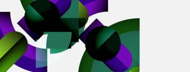 Soyut şekiller örtüşür, dinamik bileşim yaratır. Yeşiller ve morlar beyaz arka plana hakim. Modern tasarım elemanları.