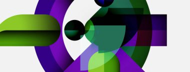 Soyut kompozisyon. Üst üste binen şekiller, canlı yeşiller, morlar baskın. Minimalist tasarım, modern estetik. Yumuşak eğimler derinlik yaratır.