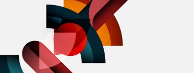 Soyut şekiller örtüşür, dinamik bileşim yaratır. Renkler arasında kırmızı, turuncu, deniz mavisi, siyah, beyaz yer alıyor. Modern tasarım, basit geometri.