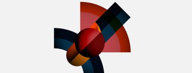 Soyut bileşim geometrik şekiller, canlı renkler içerir. Kırmızı küre merkeze hükmediyor, kıvrımlı segmentlerle, koyu dikdörtgenlerle çevrili. Minimalist tarz, temiz arkaplan.