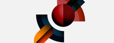 Soyut geometrik bileşim. Çemberler, kavisler, dikdörtgenler kesişiyor. Sıcak, serin renkler dinamik görsel efekt yaratır. Minimalist tasarım.
