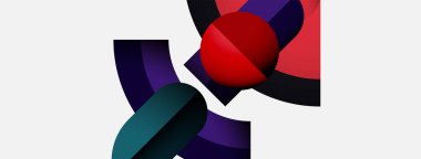 Soyut şekiller örtüşür, dinamik bileşim yaratır. Kırmızı küre baskın, mor ile zıt, deniz mavisi renkleri. Minimalist tasarım, modern estetik.